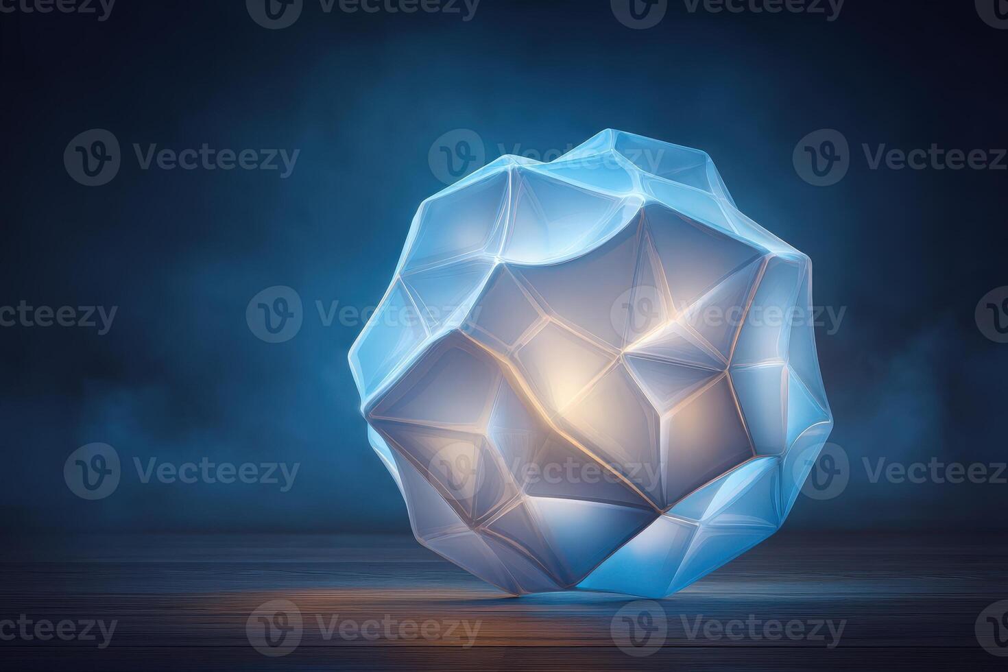 A stunning geometric light sculpture sits on a wooden surface, emitting a soft glow in a darkened environment. The translucent shapes create intriguing reflections, enhancing the atmosphere. photo