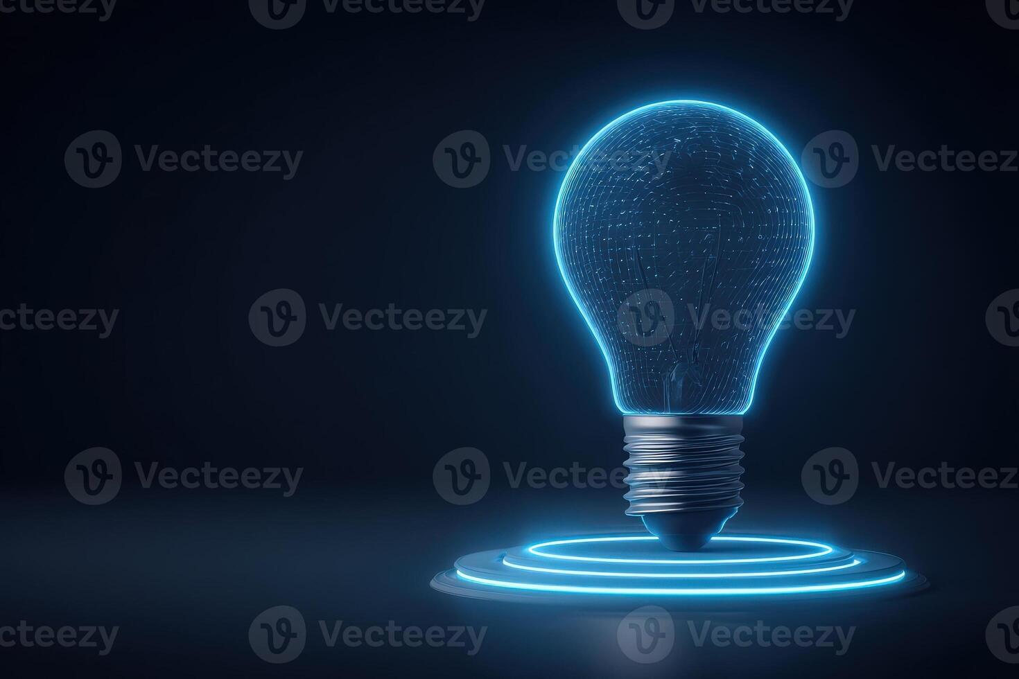 A bright blue light bulb is placed on a dark surface, surrounded by neon rings. The bulb has a digital appearance with glowing, intricate details. The setting creates a futuristic vibe. photo