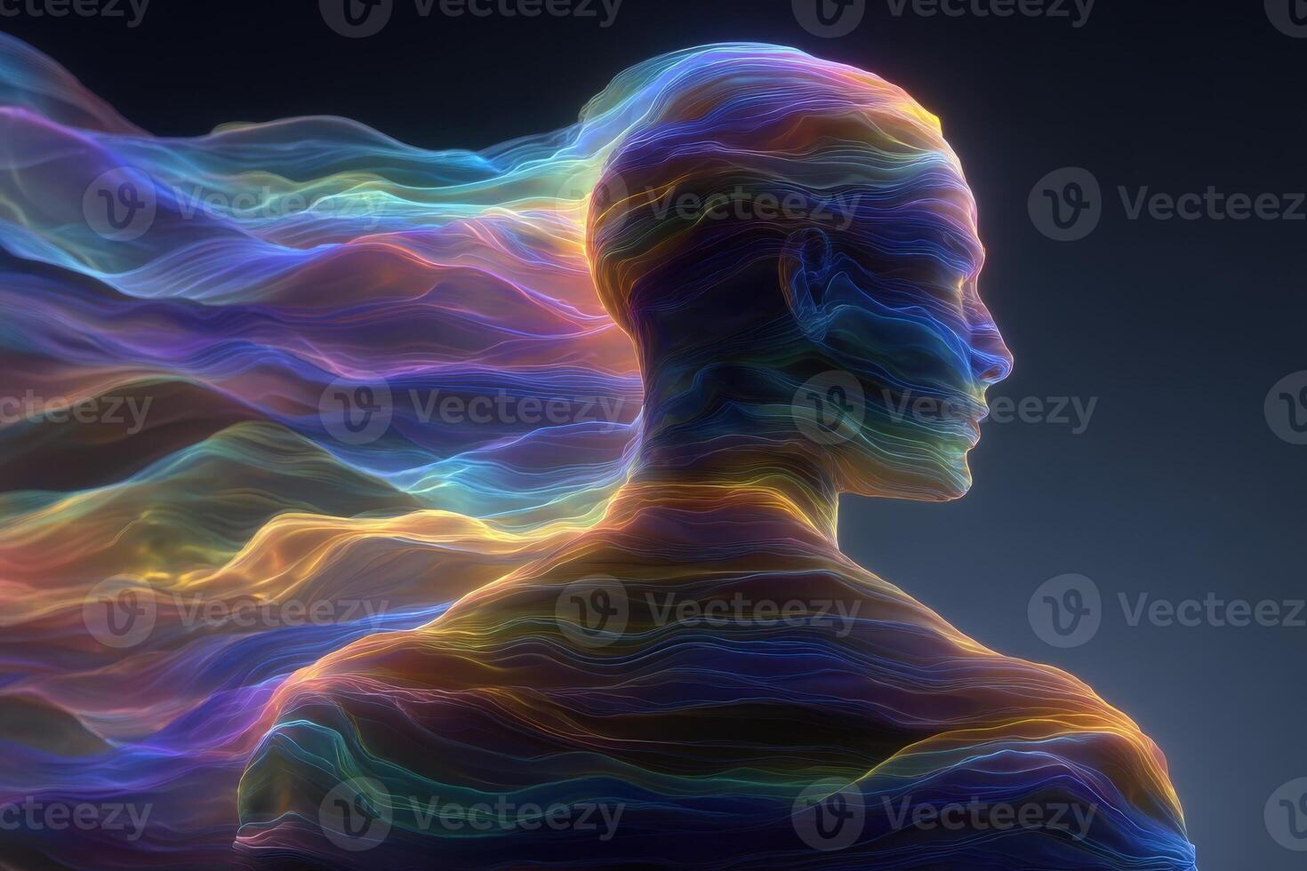 A colorful silhouette of a person stands against a dark backdrop, with flowing hair and intricate swirling patterns surrounding them. The composition evokes feelings of movement and creativity. photo
