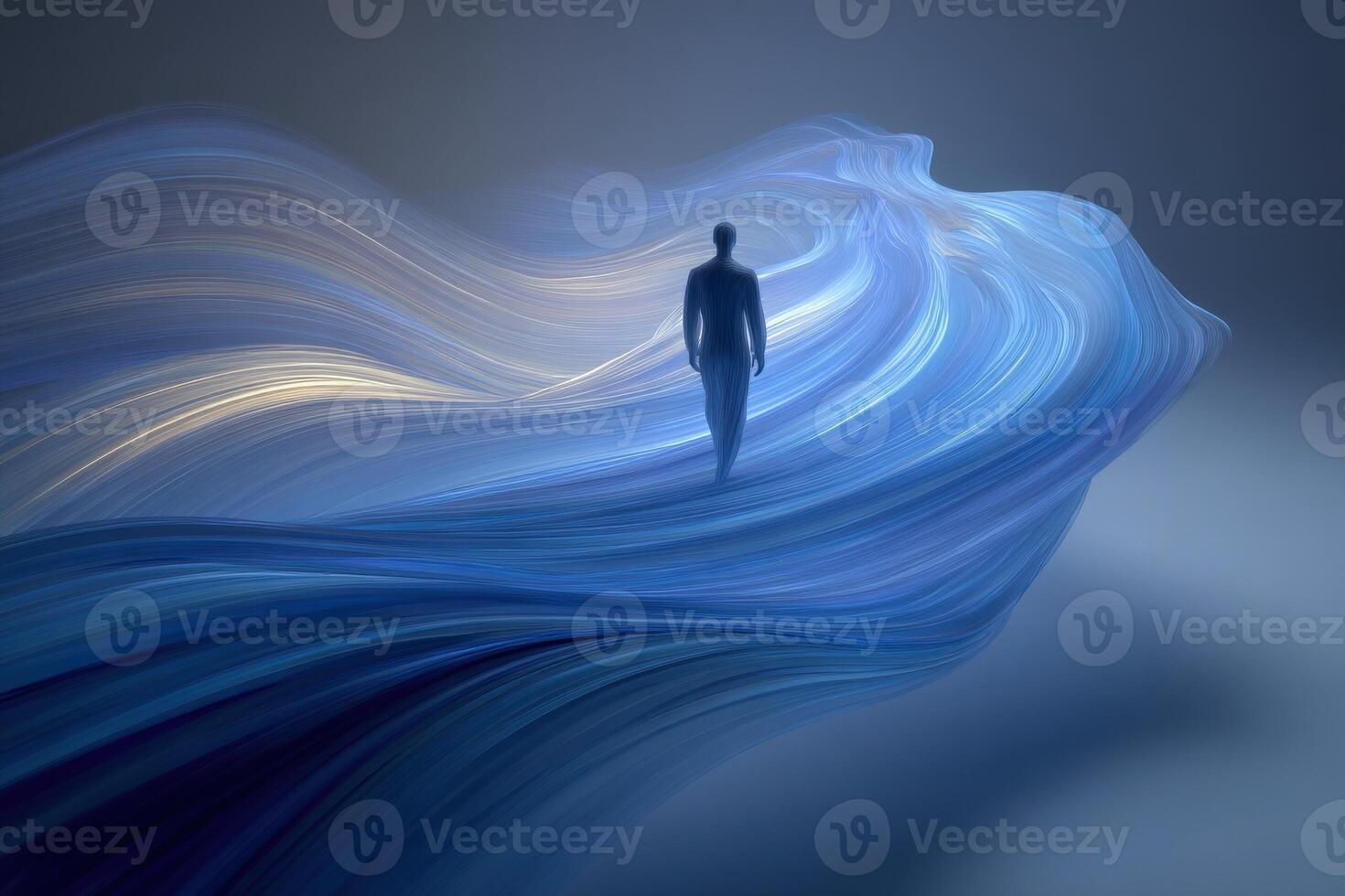 A figure stands serenely amidst ethereal waves of blue light, creating a tranquil atmosphere. The gentle curves and luminescent tones evoke a sense of peace and introspection. photo