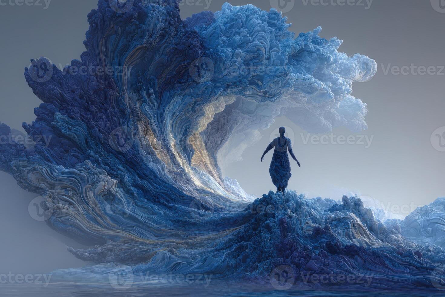 A figure walks on a wave made of swirling blue clouds, blending art and nature. This surreal scene captures a tranquil yet dynamic atmosphere during twilight. photo