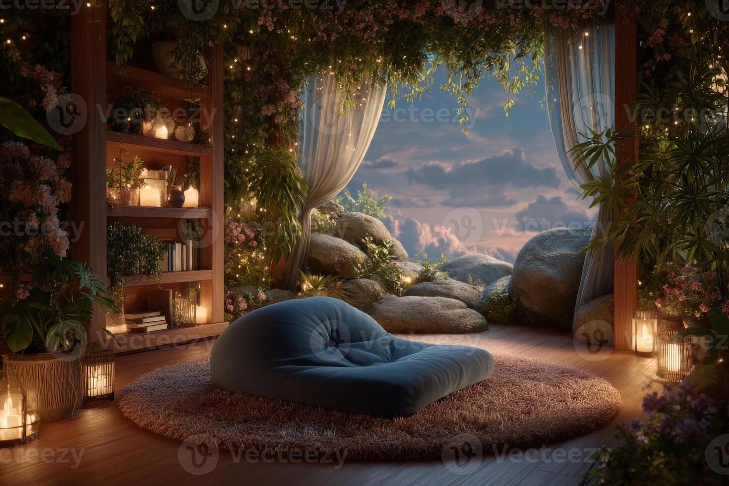 This tranquil space features a plush blue seat on a cozy rug. Surrounded by lush greenery and soft lighting, the setting overlooks a serene view of rocks and clouds at sunset. photo