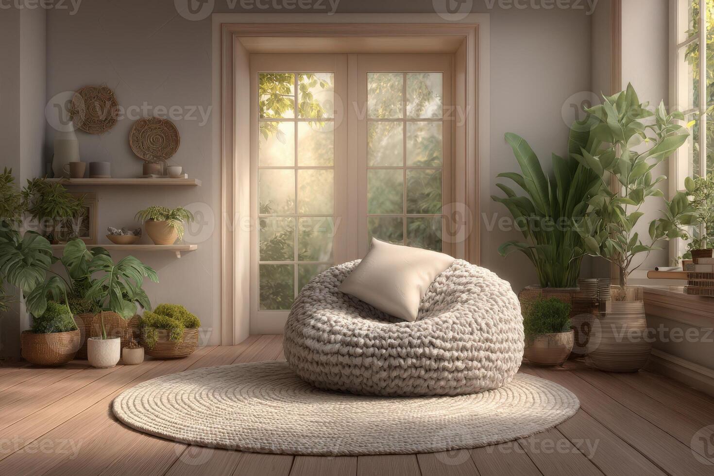 A bright and inviting room features a plush bean bag chair with a cushion, surrounded by lush plants and soft decor. Sunlight streams through the windows, creating a serene atmosphere. photo