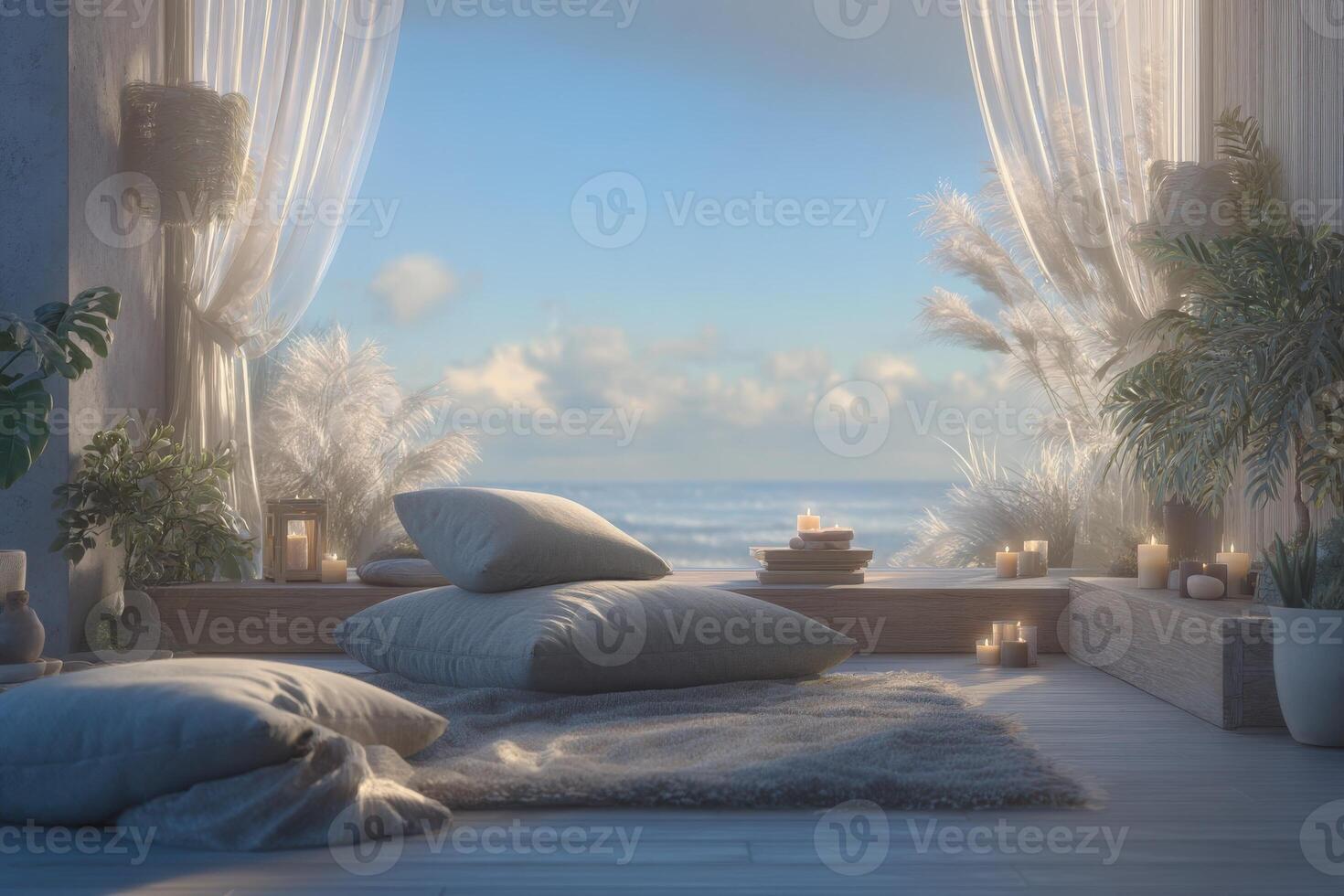 A tranquil indoor space features soft pillows and candles, with sheer curtains framing a stunning ocean view. The calming ambiance is perfect for relaxation and reflection. photo