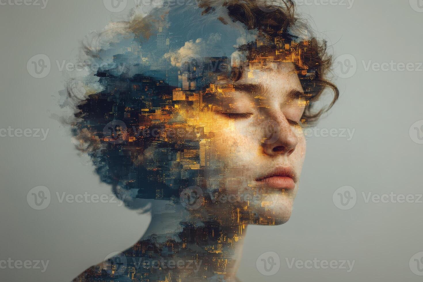 A woman with curly hair stands serenely as her features blend with a vibrant city skyline. The composition evokes a sense of imagination and urban dreams, highlighting her peaceful expression. photo