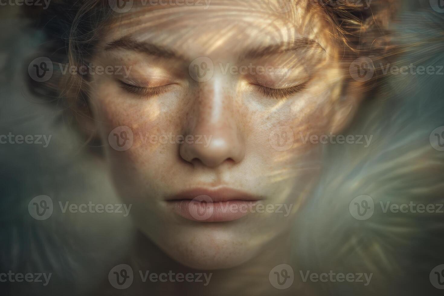 A serene woman closes her eyes, surrounded by delicate light patterns that create a dreamlike atmosphere. The intricate designs enhance her calm expression and natural beauty. photo