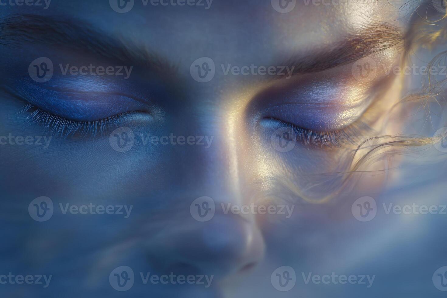 The close-up view captures a peaceful face with soft features, closed eyes, and gentle lighting creating a tranquil atmosphere. Wisps of hair blend into a mystical background. photo