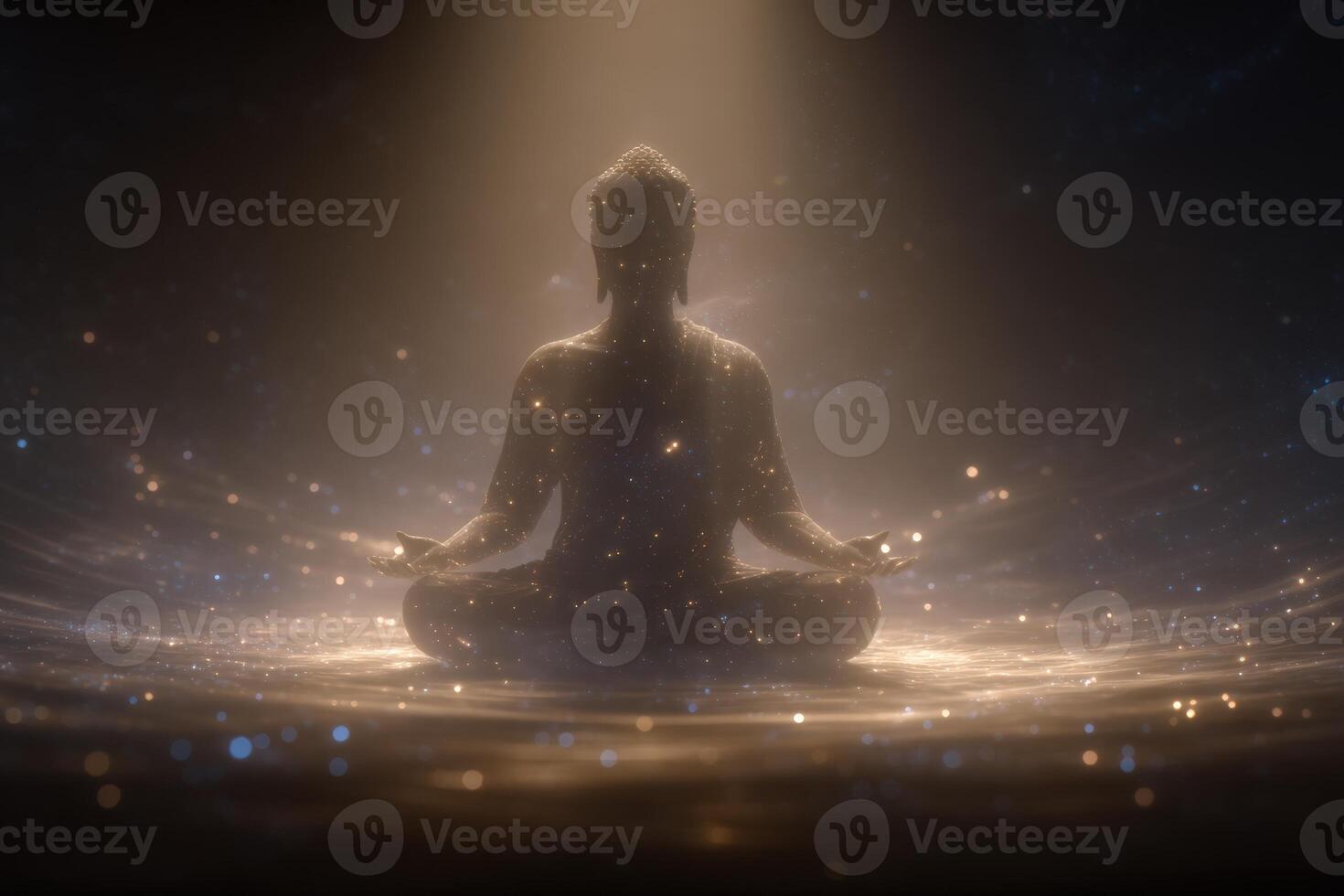 A serene meditative figure sits cross-legged, enveloped in a soft, glowing light and surrounded by shimmering particles. The atmosphere conveys peace and tranquility. photo