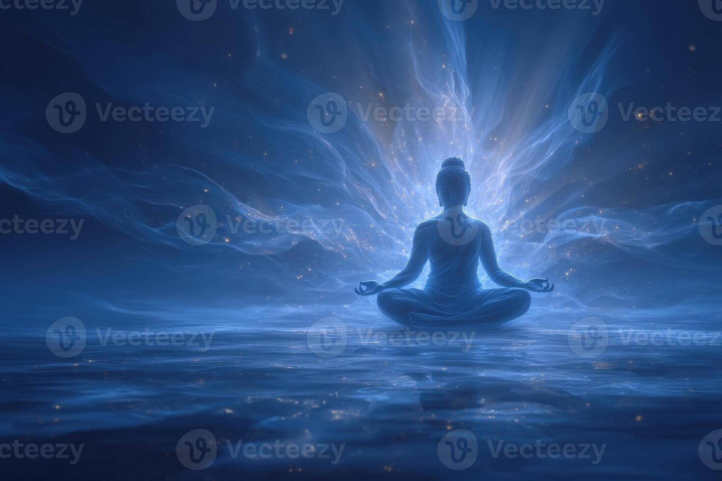 A serene figure sits cross-legged on a calm surface, surrounded by ethereal light. The cosmic backdrop features swirling blue wisps, evoking a sense of peace and spiritual connection. photo