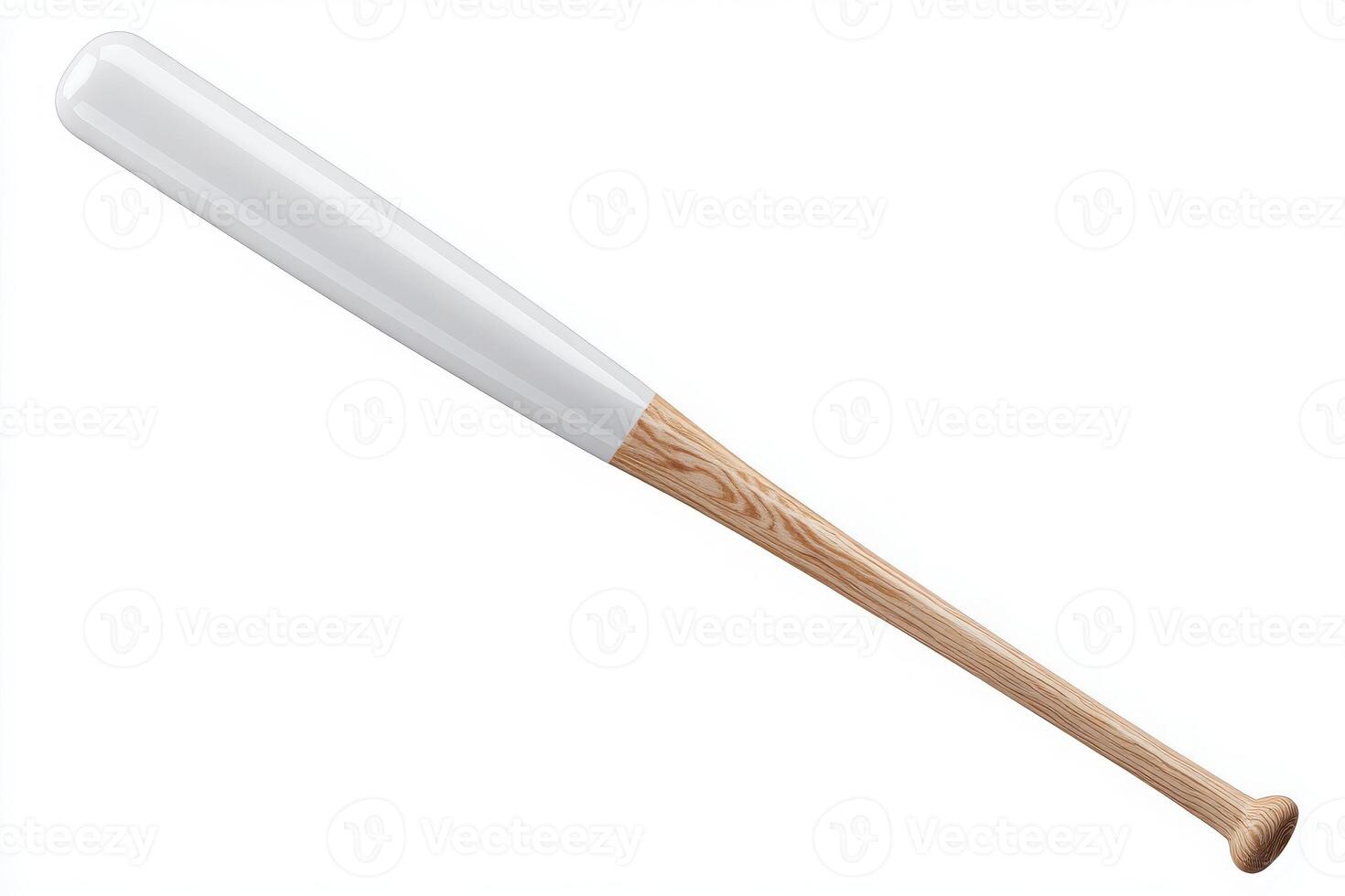 A wooden baseball bat features a glossy white barrel and a natural wood handle. This striking design emphasizes both functionality and style, suitable for practice or display. photo