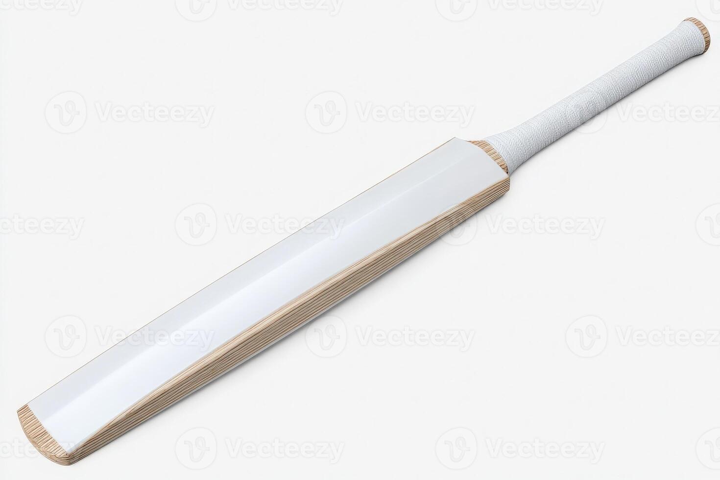A cricket bat with a smooth white face and natural wood grain, featuring a textured grip. The bat is positioned horizontally against a plain background, highlighting its elegant design. photo