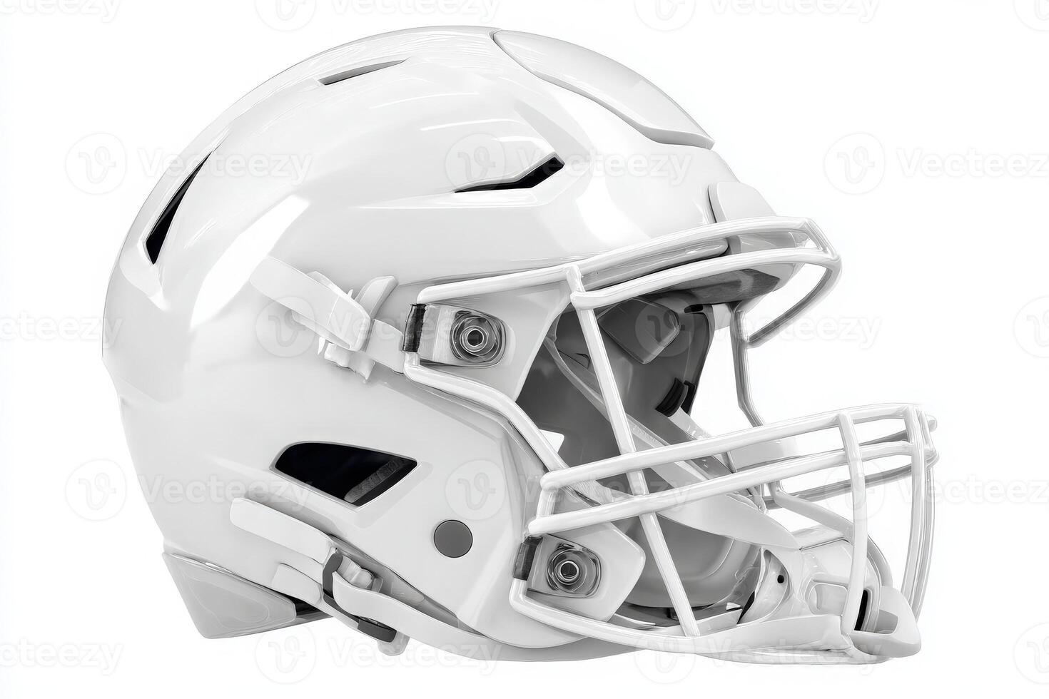 This white football helmet showcases advanced design elements, emphasizing protection and style. Its crafted for athletes playing at competitive levels, ensuring functionality and durability. photo