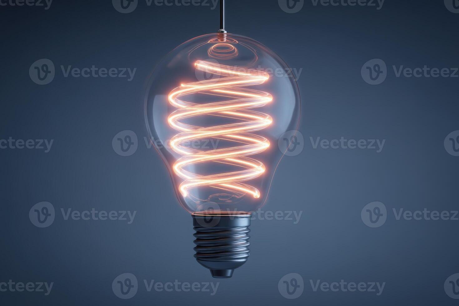 A beautifully designed light bulb features a spiral filament that glows warmly against a dark backdrop. The bulbs vintage style adds an artistic touch to any setting, showcasing intricate details. photo