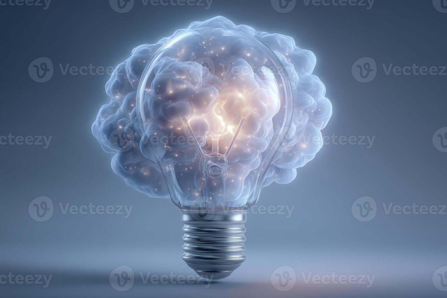 A light bulb designed to resemble a brain emanates a soft, bright glow against a muted background. The fusion of creativity and technology symbolizes innovative ideas and inspiration. photo