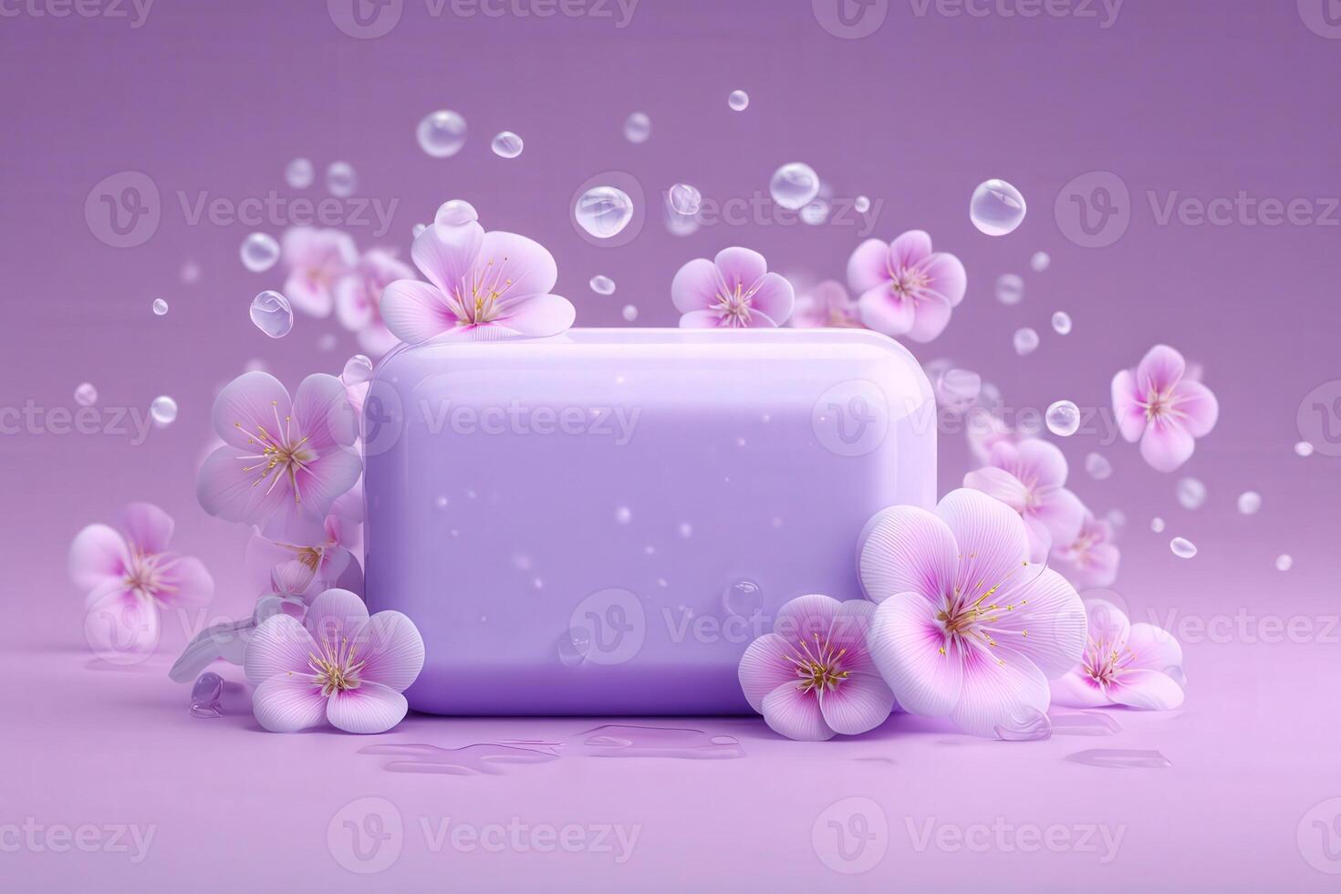 A lavender soap bar rests at the center, embraced by soft pink blooms and sparkling water droplets. The background is a gentle purple, enhancing the serene atmosphere of the composition. photo