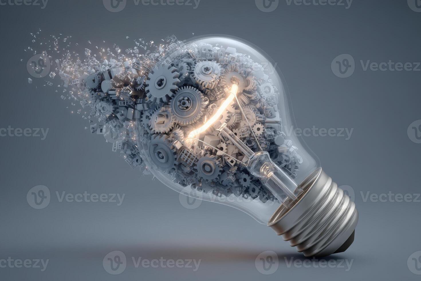 A light bulb is filled with intricate gears, representing the fusion of ideas and machinery. photo