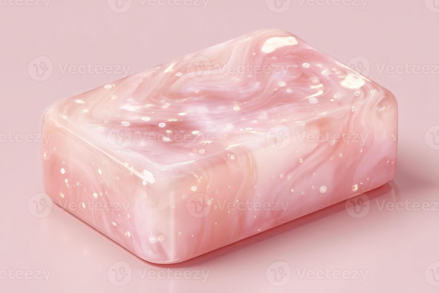 A rectangular soap bar featuring a marbled design of soft pink and white hues sits on a gentle pastel background, reflecting light. This product showcases a smooth and glossy surface. photo