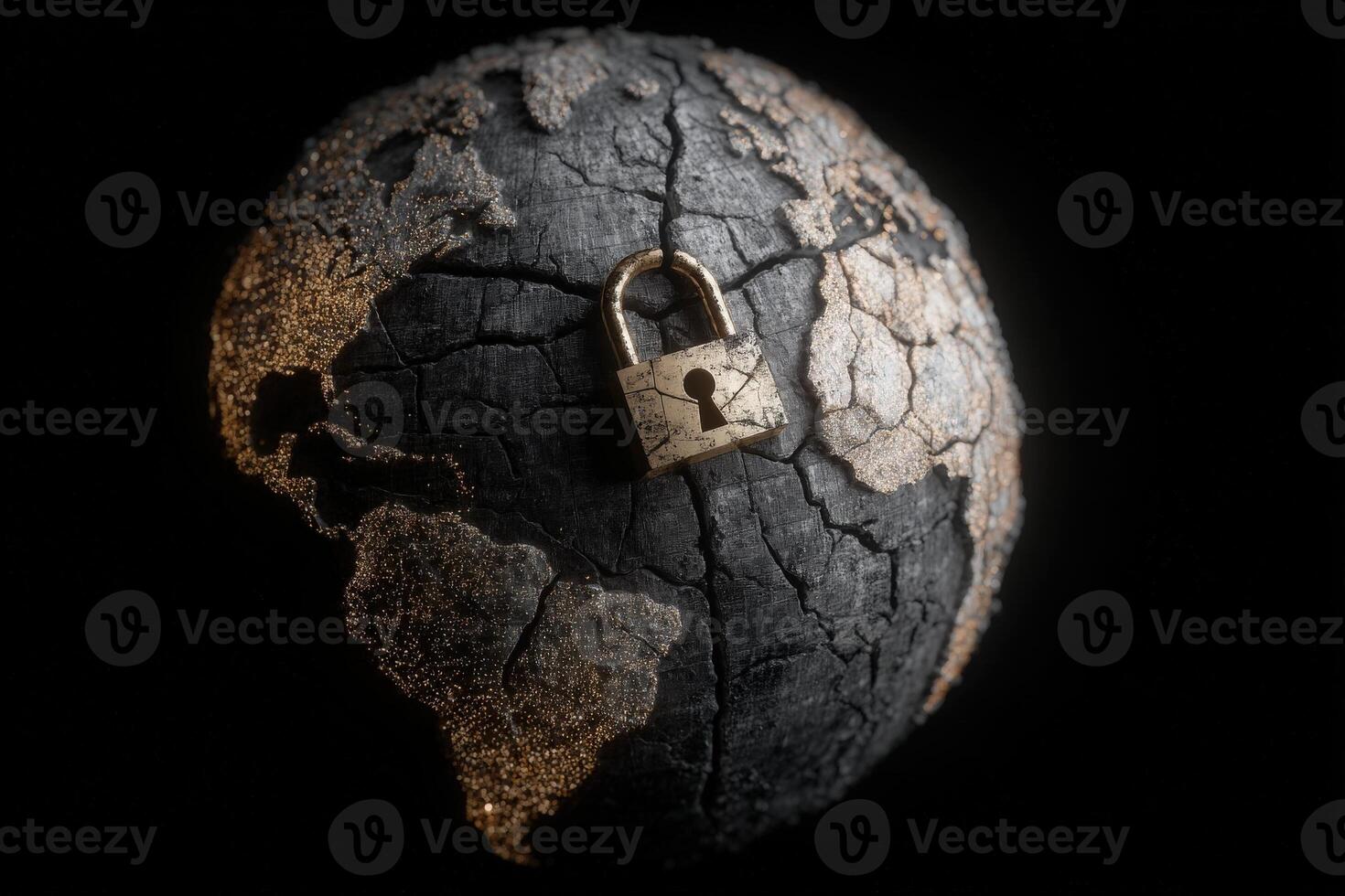 A cracked globe represents the fragile state of the Earth, while a golden padlock symbolizes security and protection. The dark background emphasizes the theme of vulnerability and caution. photo