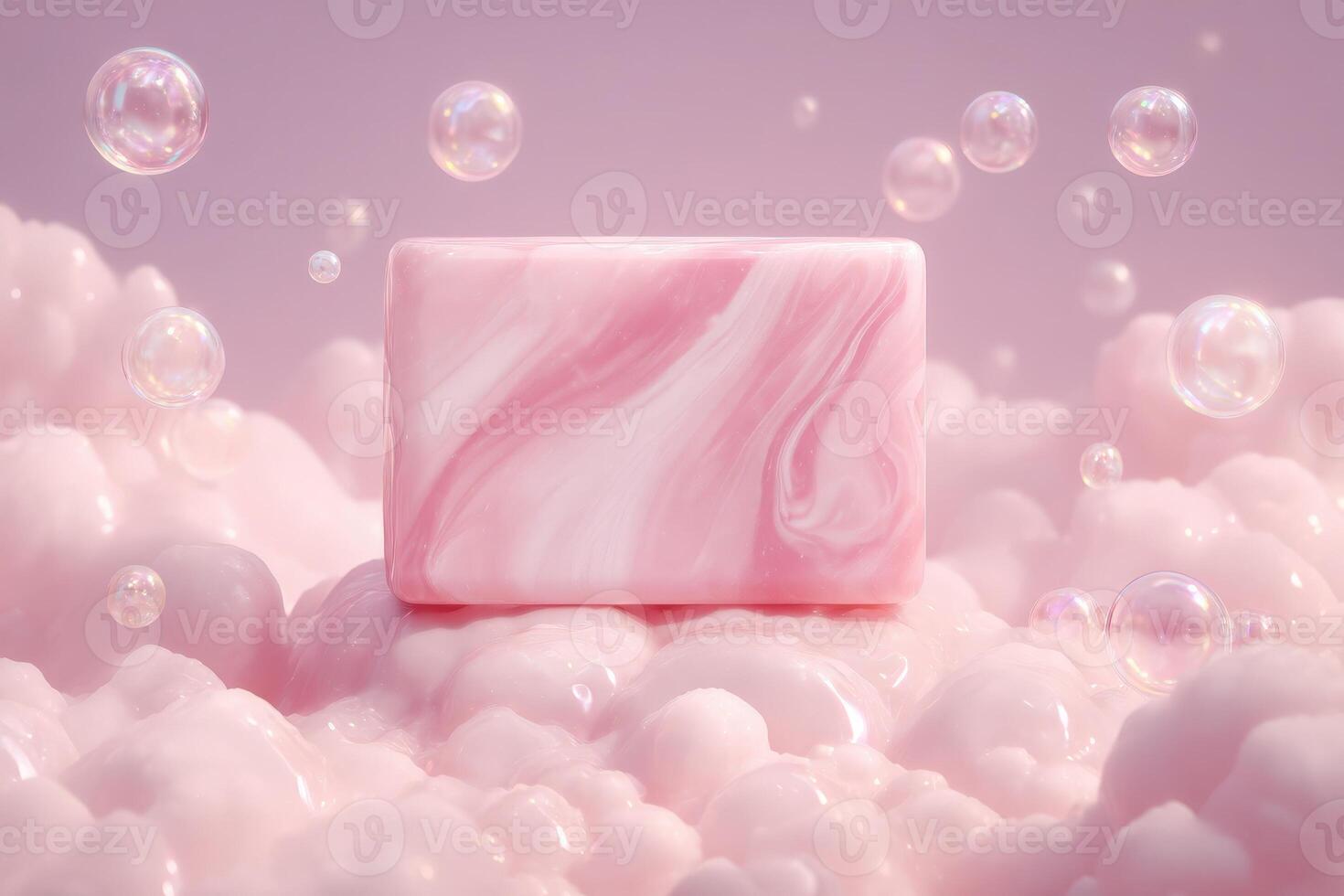 A rectangular pink marble soap is placed on a cloud-like, fluffy surface with pastel pink tones. Bubbles surround the soap, creating a whimsical and calming atmosphere. photo