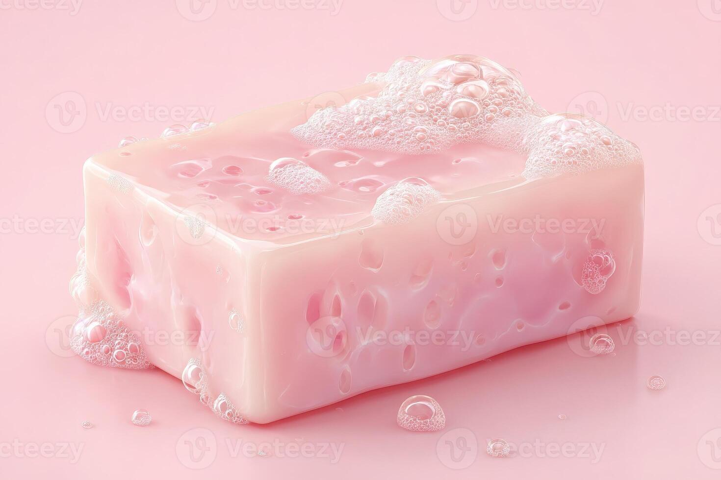 A glossy pink soap bar sits on a smooth, light surface with bubbly foam accumulating around it. The soft color highlights the soaps texture and freshness, inviting sensory experience. photo