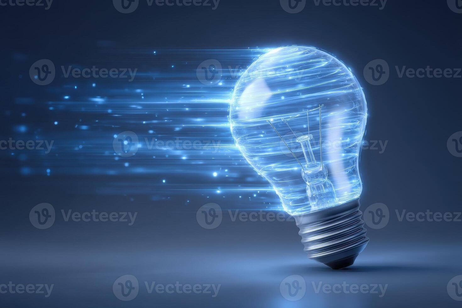 A transparent light bulb appears to be moving swiftly, surrounded by glowing blue energy trails. The background is dark, enhancing the futuristic feel of the scene with vibrant blue accents. photo