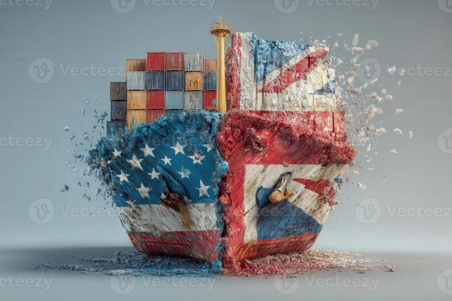 A visually striking ship is depicted with one side showcasing the American flag, while the other features the British flag. photo