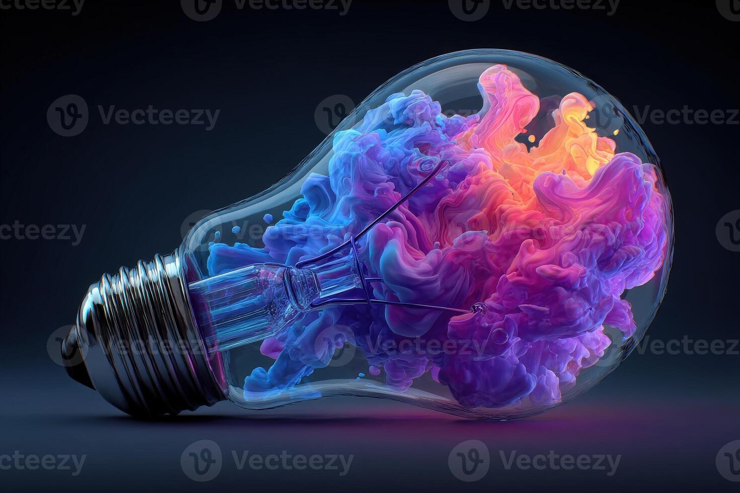 A light bulb tilted to one side showcases a mesmerizing display of colorful, swirling smoke. The hues of pink and blue blend seamlessly, embodying innovation and imagination in a striking way. photo