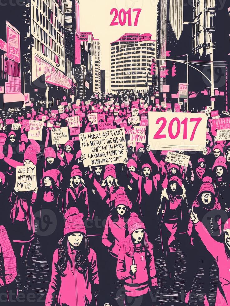 A diverse group of protesters marches in a city, wearing pink hats and holding signs advocating for social issues. The crowd displays unity and determination in 2017. photo