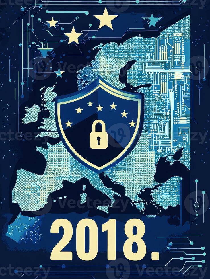 A detailed illustration highlights a map of Europe with circuit patterns, showcasing a shield symbolizing digital security. photo