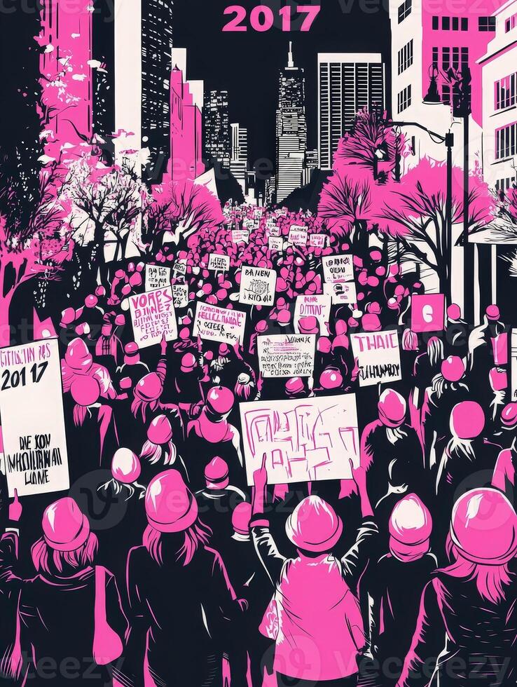 A vibrant demonstration features a large group of people holding various signs in a city setting. photo