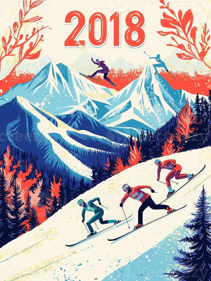 This artwork features skiers navigating slopes surrounded by vibrant mountains and trees. The design captures the essence of winter sports in a captivating, colorful style reflective of 2018. photo