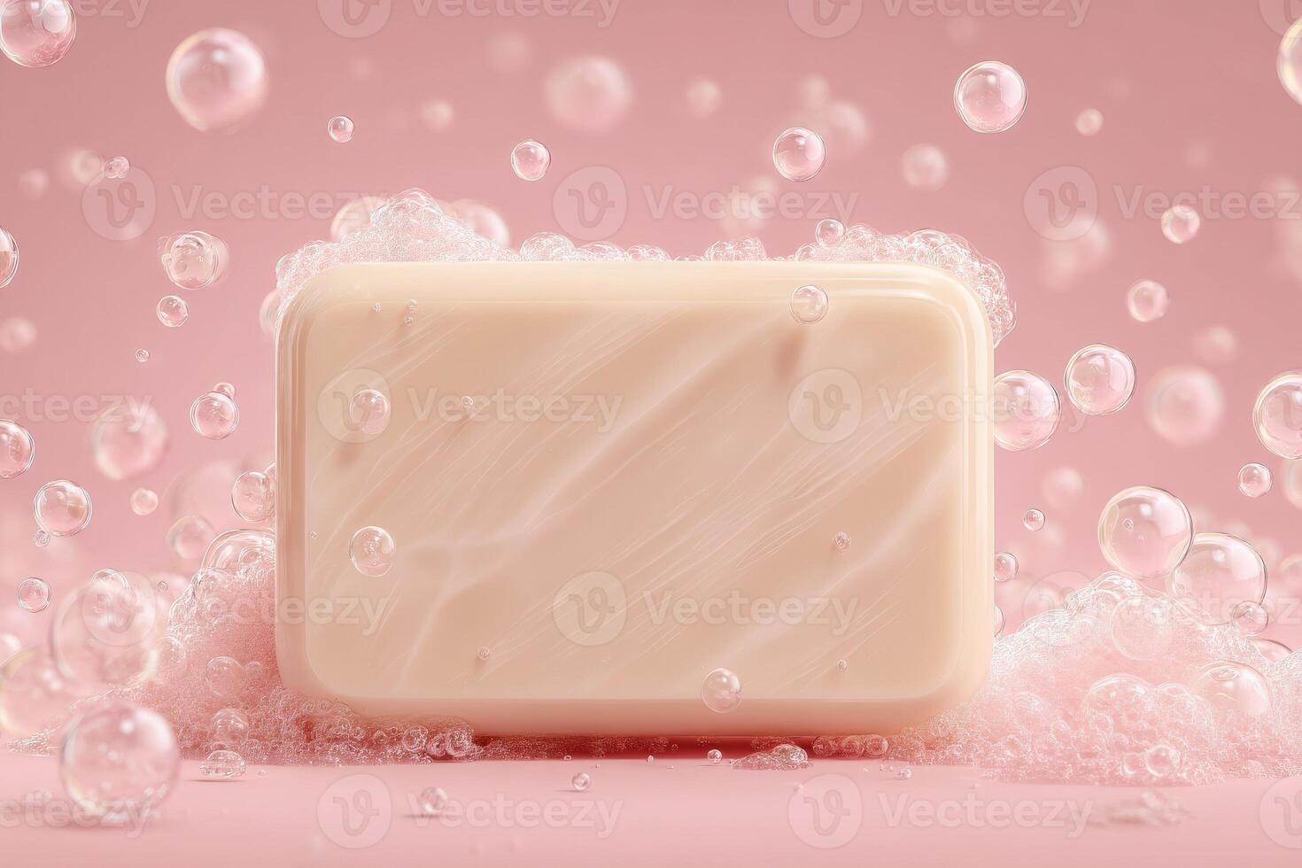 A smooth bar of soap sits prominently on a pink surface, surrounded by white bubbles. The soft hues create a gentle and calming atmosphere, ideal for a hygiene or self-care theme. photo