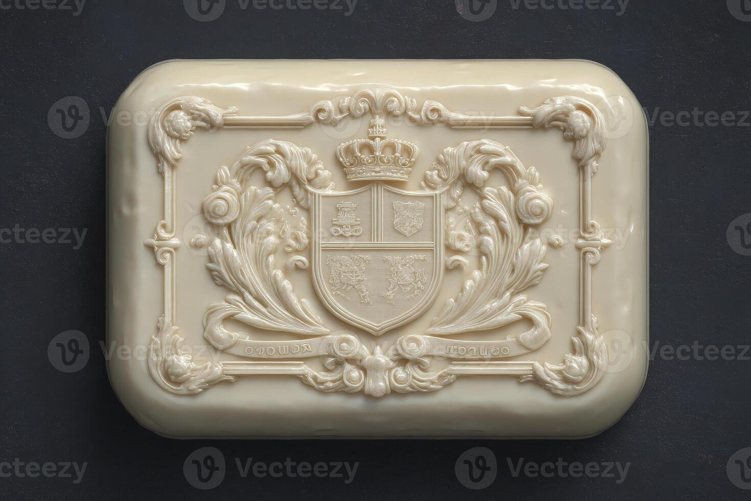 A luxurious bar of soap sits against a dark backdrop, showcasing intricate designs and a royal crest. The creamy texture is emphasized by its elaborate decorations, enhancing its visual appeal. photo