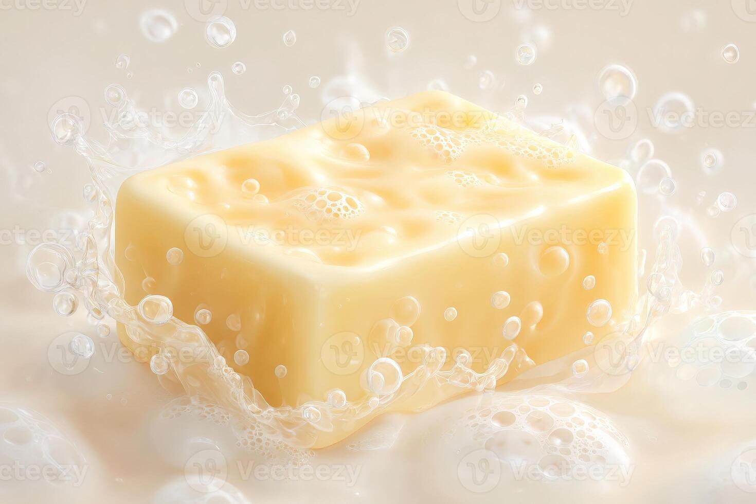 A bar of soap is splashing in clear water, with bubbles forming around it. The scene showcases the smooth texture and creamy color of the soap, conveying a sense of cleanliness and freshness. photo