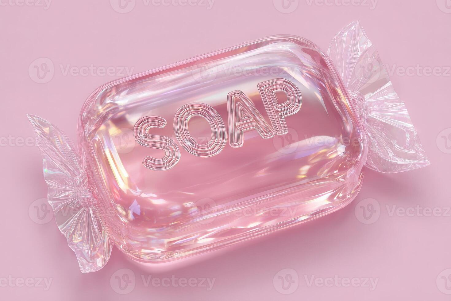 Clear and shiny pink soap shaped like a candy rests on a gentle pink surface, showcasing its smooth texture and playful design, making it an eye-catching addition to any setting. photo