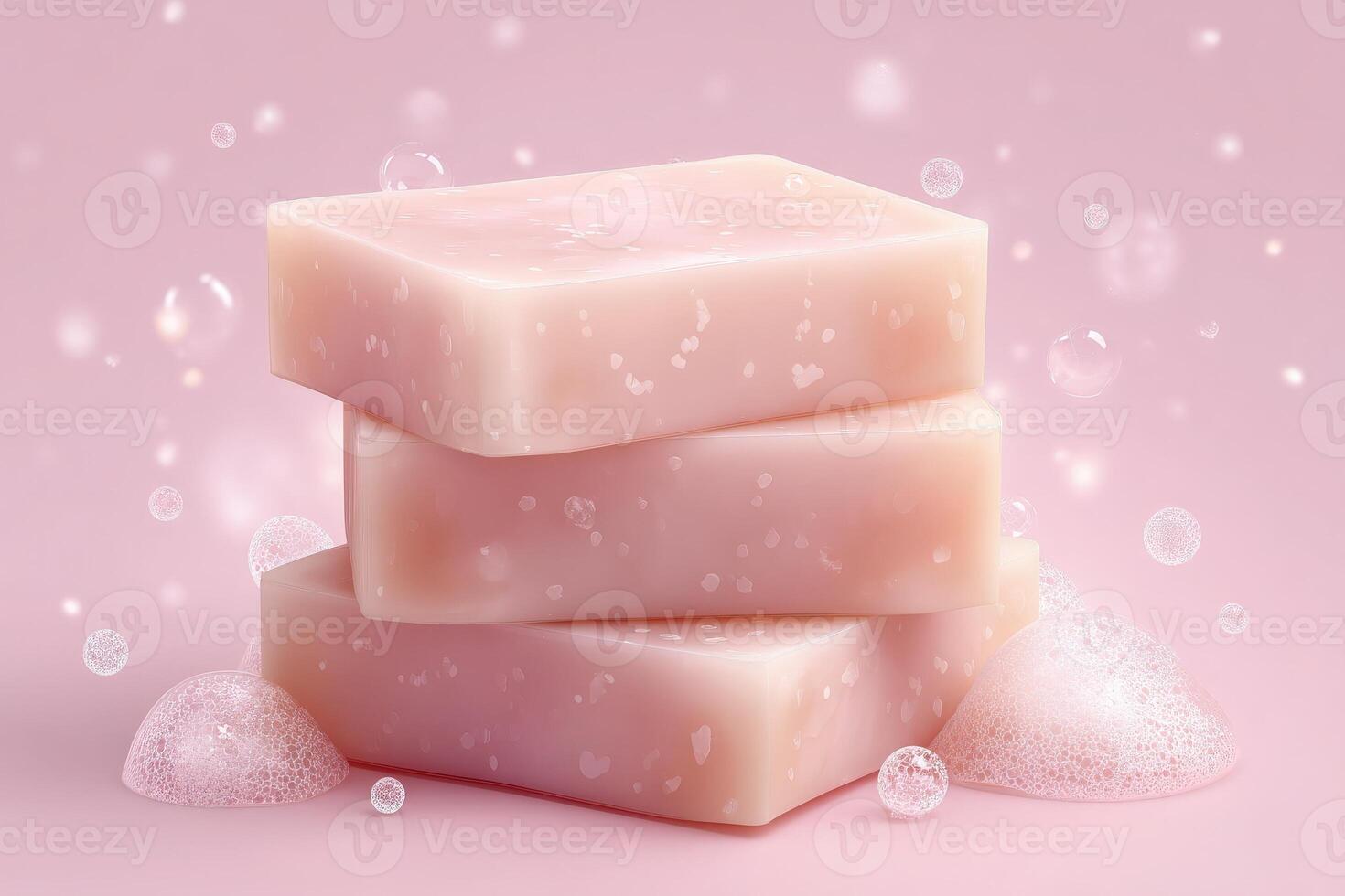 Three soft pink soap bars are arranged neatly, surrounded by light bubbles, creating a calming and clean aesthetic. The background is a gentle pink hue, enhancing the serene atmosphere. photo