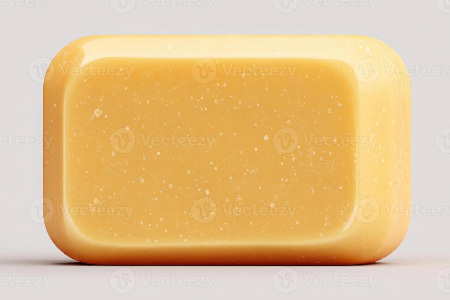 Bright yellow soap rests on a clean surface, showcasing its smooth shape and tiny speckles. The lighting highlights its glossy texture, creating an inviting appearance. photo