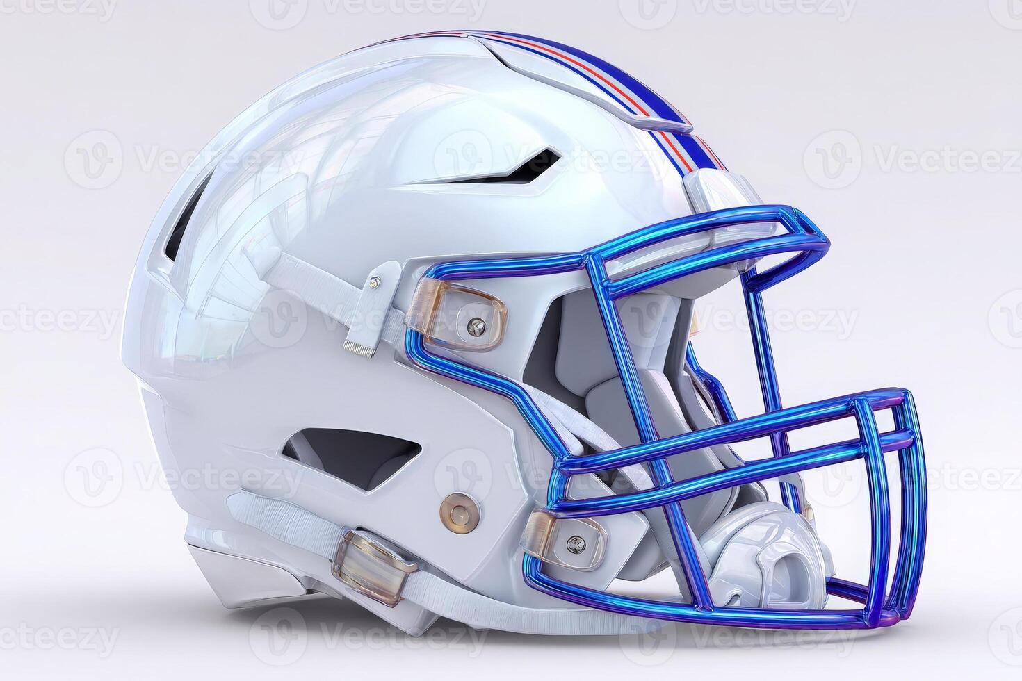 A football helmet with a glossy white finish and bright blue faceguard sits on a light background. The streamlined design features ventilation and modern details, ideal for athletes. photo