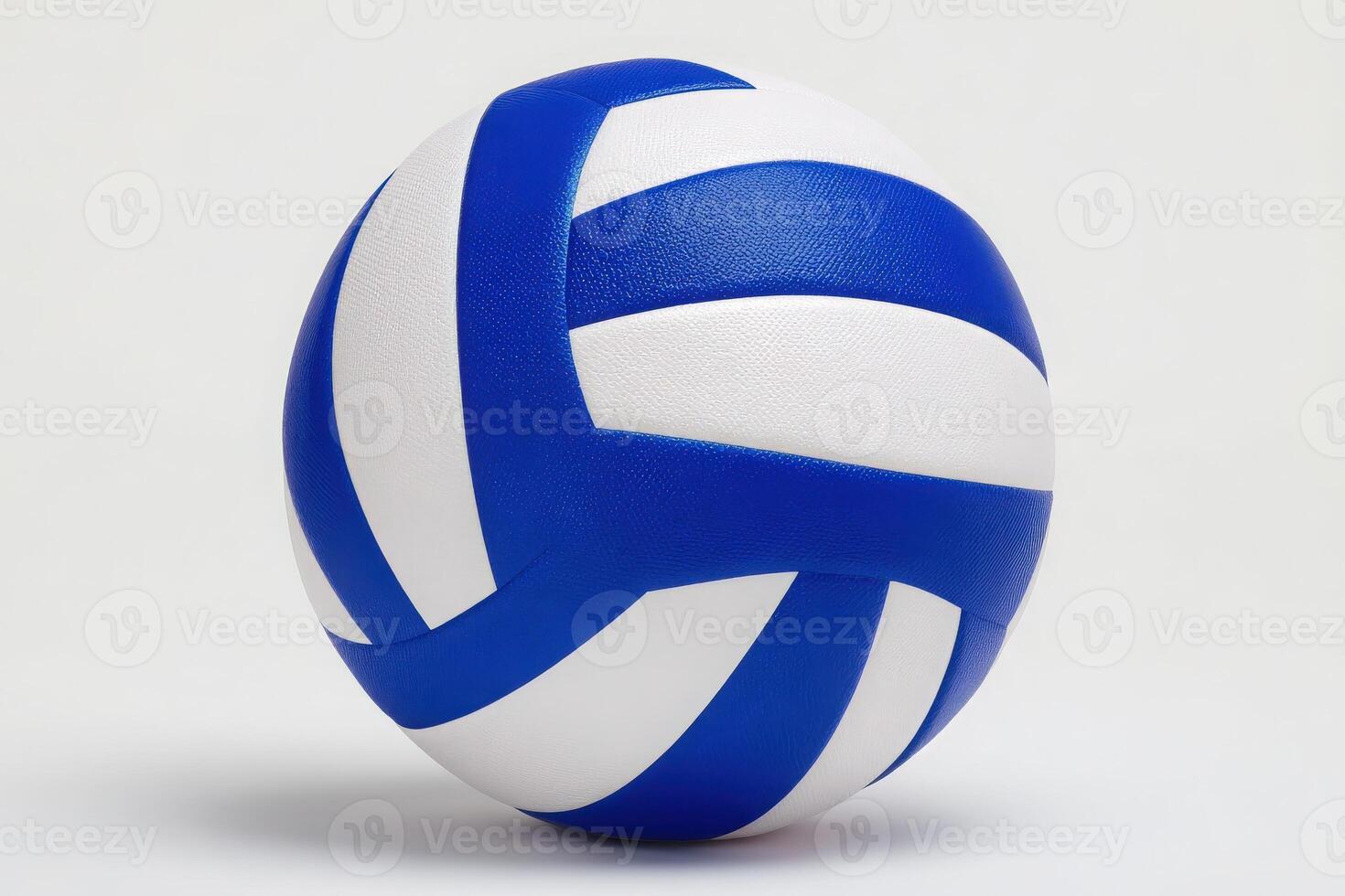 A vibrant volleyball designed with bold blue and white stripes is centered on a plain, light background. Its details highlight the texture and craftsmanship, perfect for the sport. photo