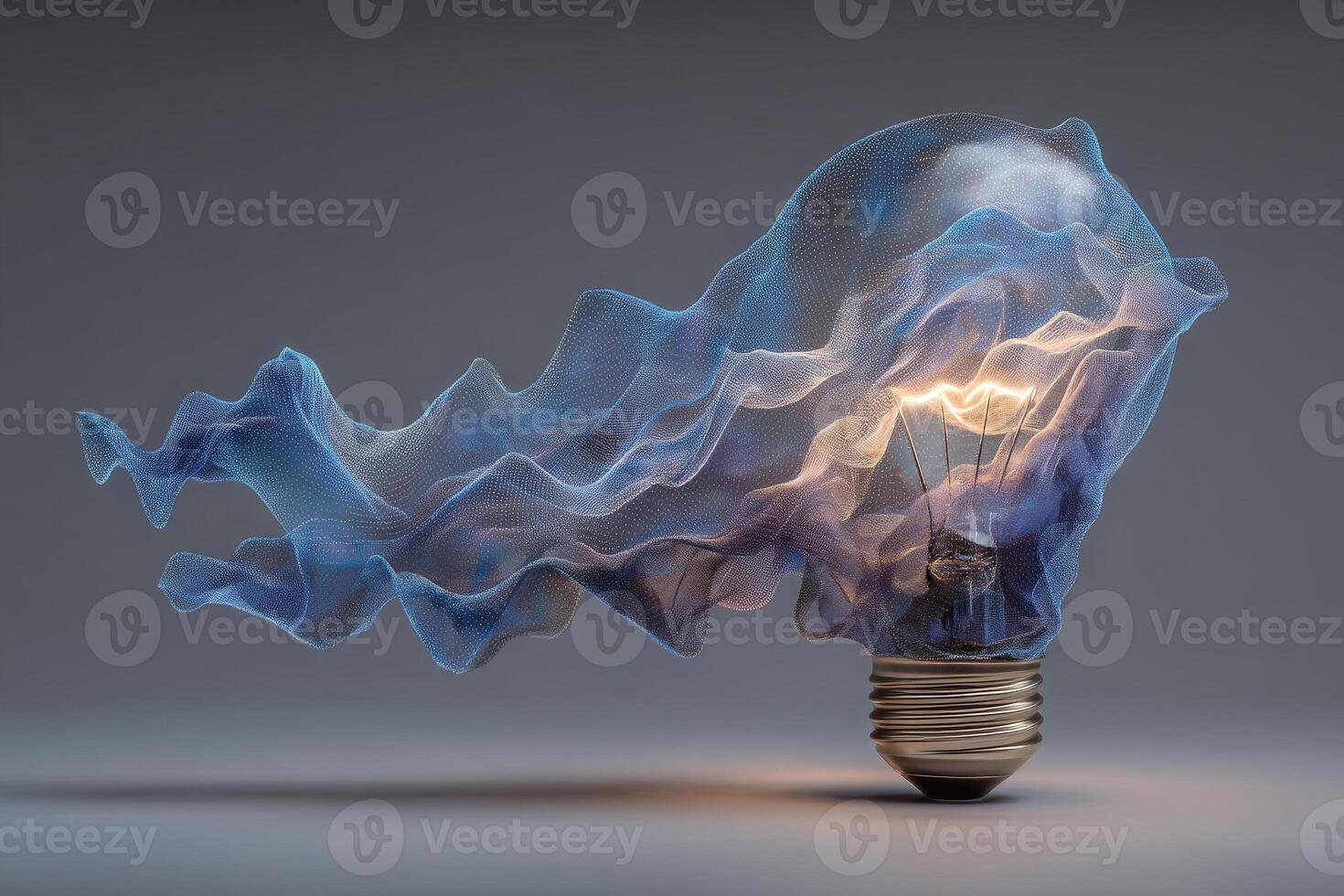 A light bulb is surrounded by a flowing fabric that appears to billow outwards, illuminated by the bulbs glow. This artistic representation emphasizes creativity and modern design. photo