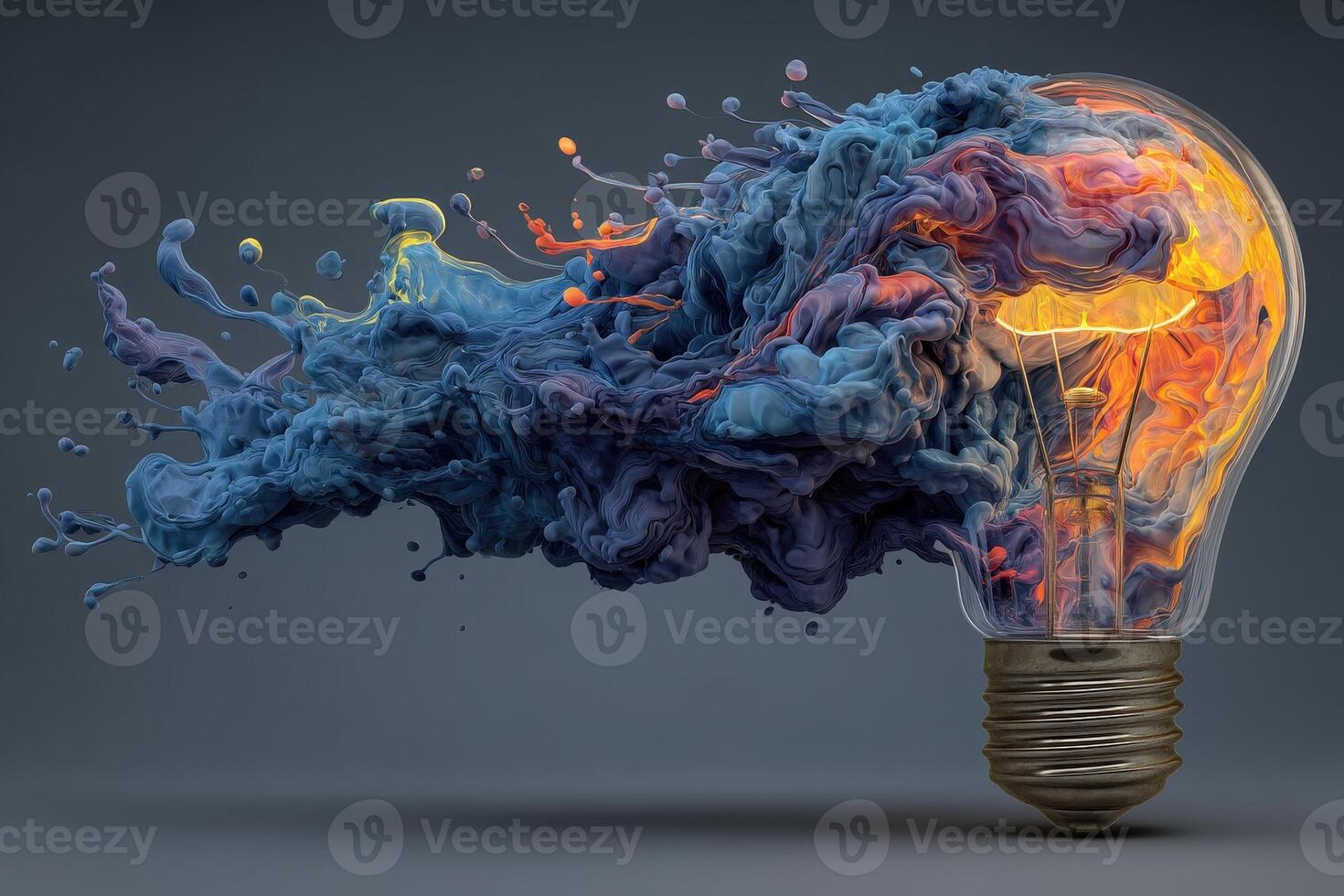 A light bulb emits vibrant swirls of blue and orange liquid, symbolizing creativity and innovation. The dynamic shapes evoke a sense of energy and imaginative thought in a dark backdrop. photo