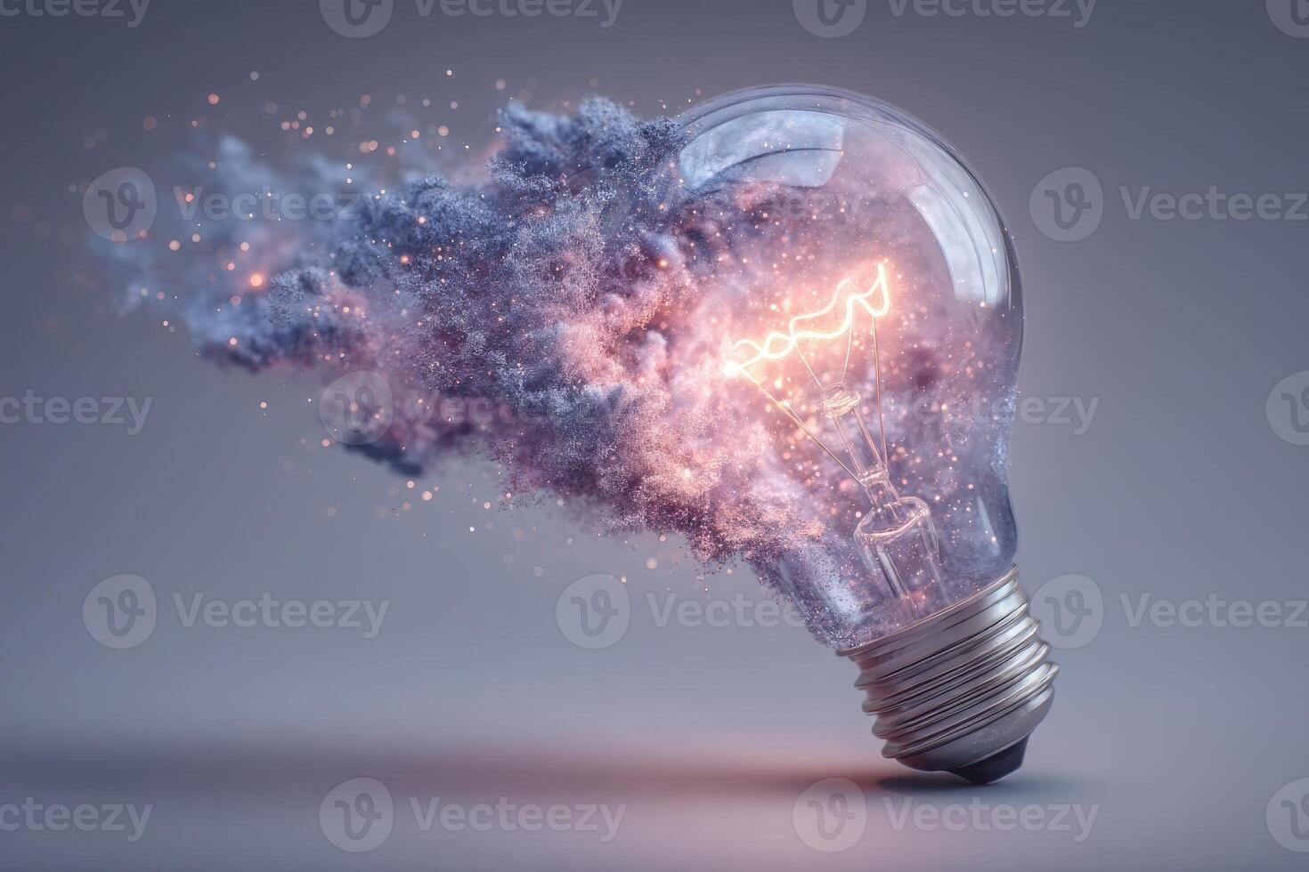 A broken light bulb emits vibrant colors and sparkles, symbolizing creative energy and imagination. The scene captures the essence of innovation in a visually striking manner. photo