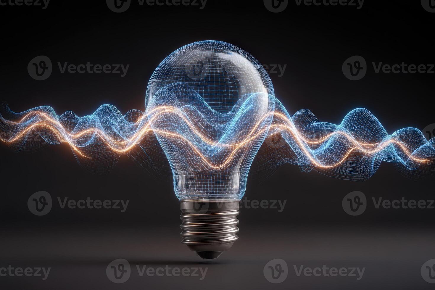 A light bulb with a transparent, wireframe design is surrounded by dynamic blue and orange digital waves. The visual represents concepts of innovation, energy efficiency, and modern technology. photo