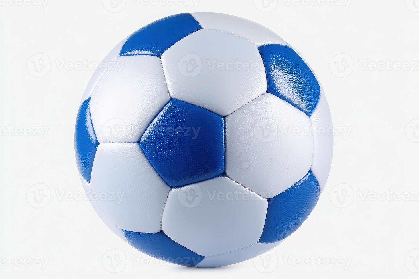 The soccer ball features a traditional design with alternating blue and white panels. It is positioned on a light background, emphasizing its shape and texture, ideal for sports enthusiasts. photo