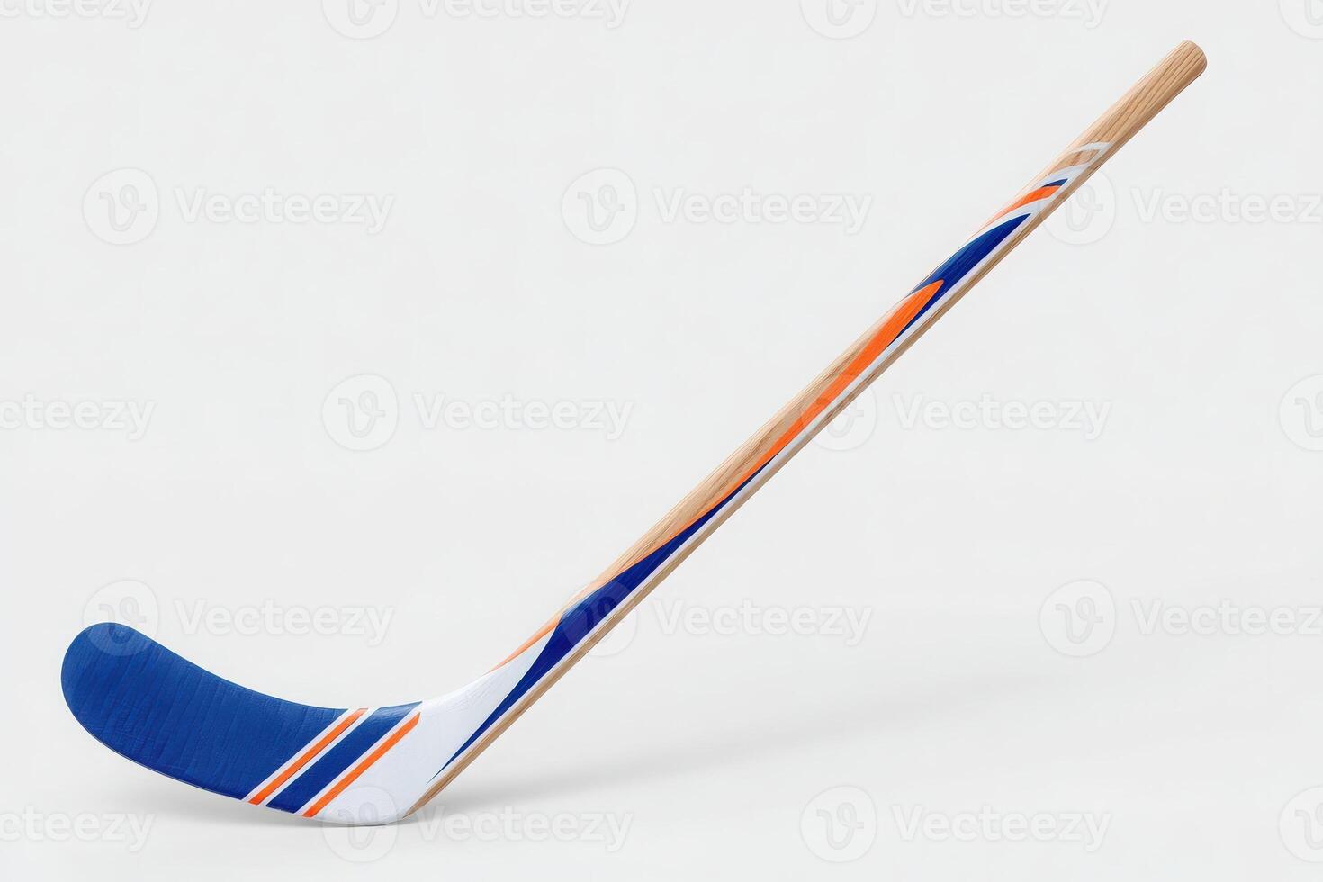 A hockey stick features a vibrant blue and orange design. The curved blade is prominently showcased, while the handle maintains a natural wood finish, highlighting details of the craftsmanship. photo
