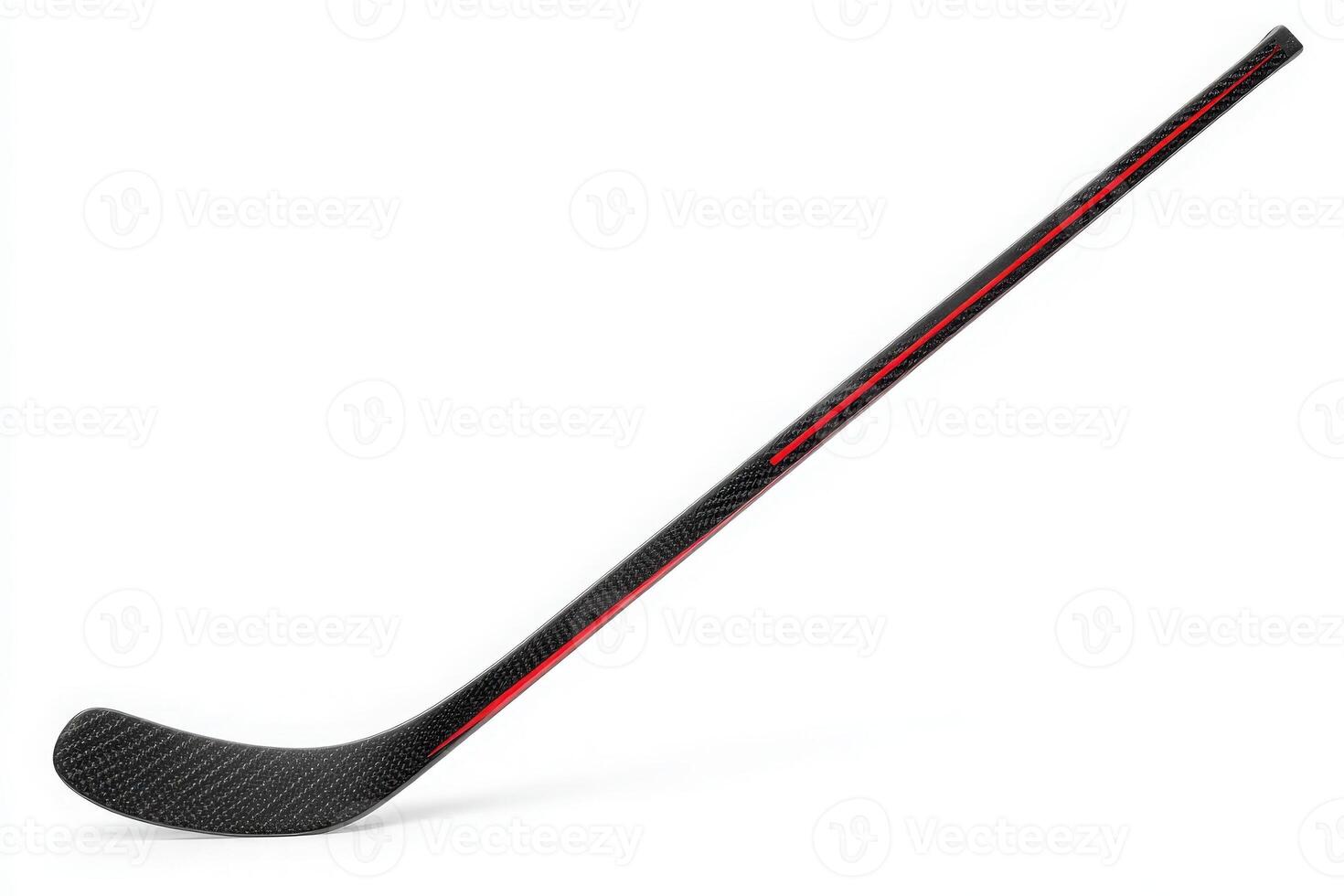 A sleek carbon fiber hockey stick featuring a smooth black surface with vibrant red accents is shown in a well-lit studio. The sticks curvature and design highlight its performance attributes. photo