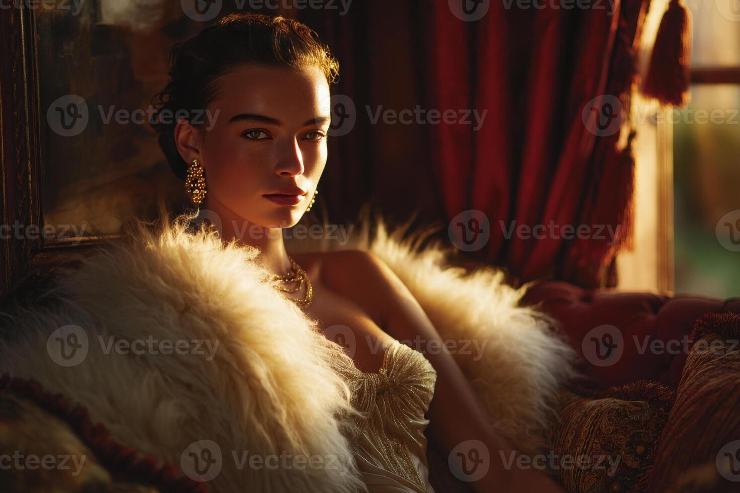 A woman sits gracefully on an ornate couch, draped in a plush fur shawl. Her regal appearance is enhanced by statement earrings and delicate jewelry, illuminated by warm sunlight. photo