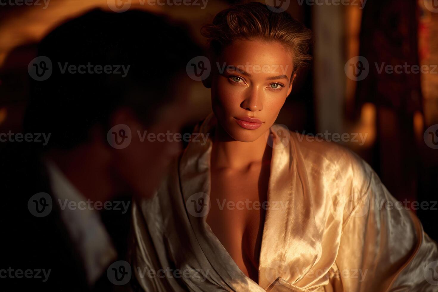 A woman sits calmly in a dimly lit room, wearing a silk robe. The warm light highlights her features, creating a serene ambiance. photo