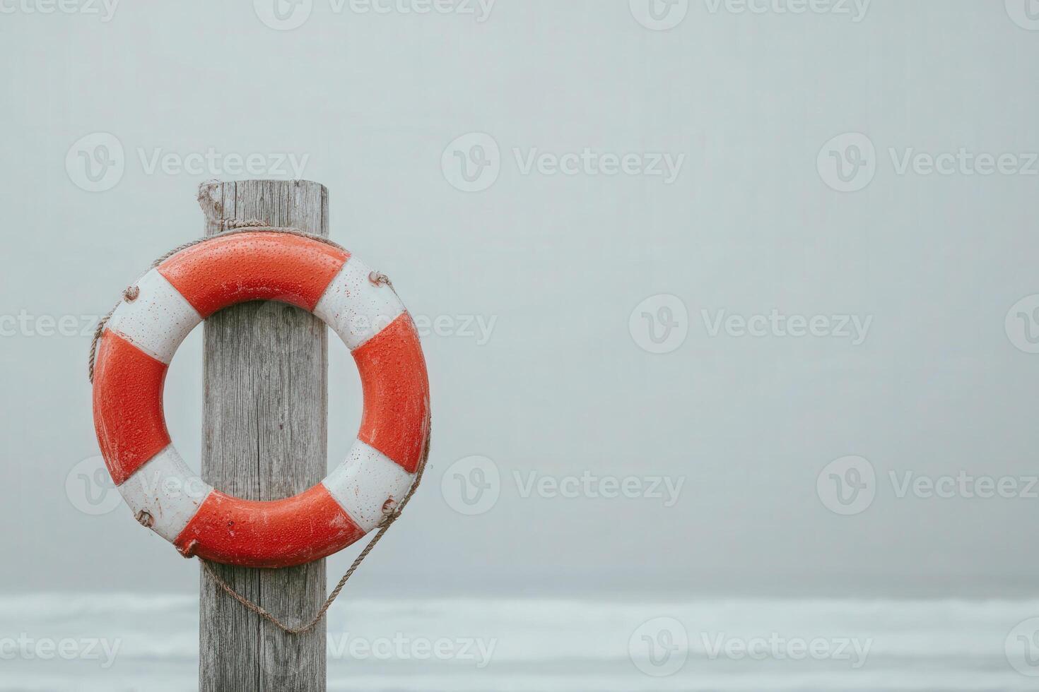 A bright orange and white lifebuoy hangs on a weathered wooden post by the ocean. The calm waters reflect the gray sky, creating a serene atmosphere on a cloudy day. photo