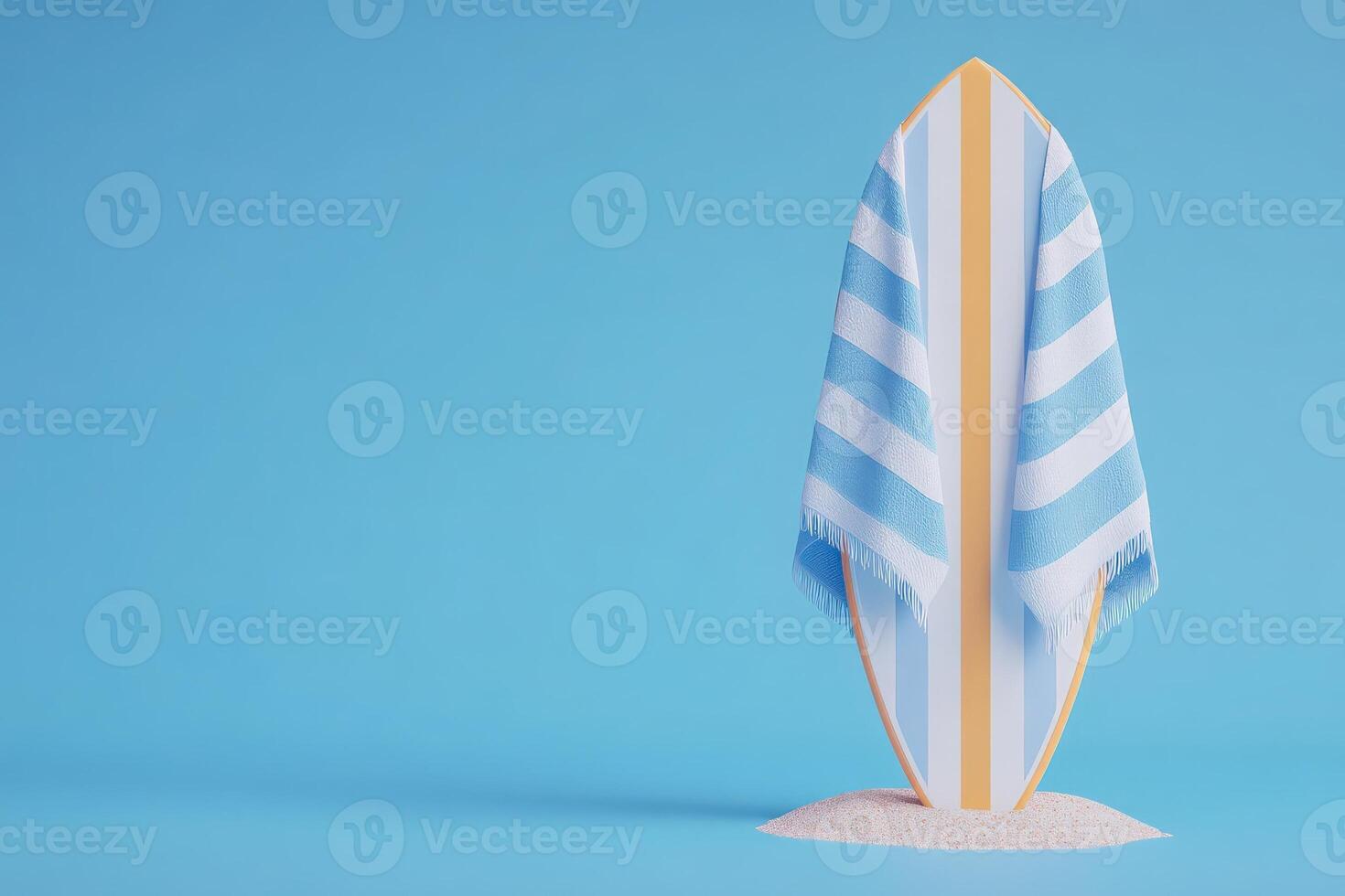 A vibrant surfboard stands upright, covered with a striped towel, against a clear blue backdrop. The scene evokes a relaxed beach atmosphere, inviting thoughts of summer surf sessions. photo